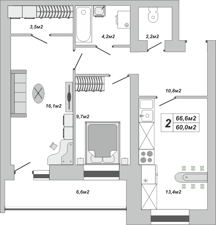 2-комнатная, 66.6 м2, ЖК «Империал» 2-комнатная, 66.6 м2, ЖК «Империал»