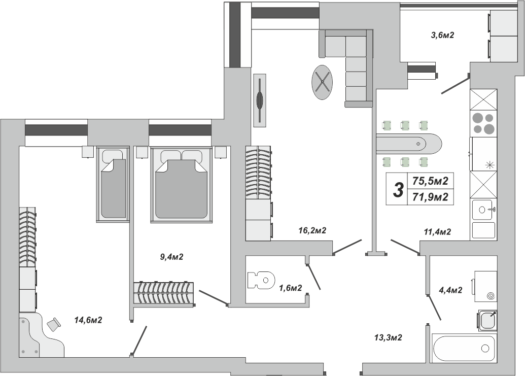 3-комнатная квартира, 75.5 кв.м, ЖК «Империал»