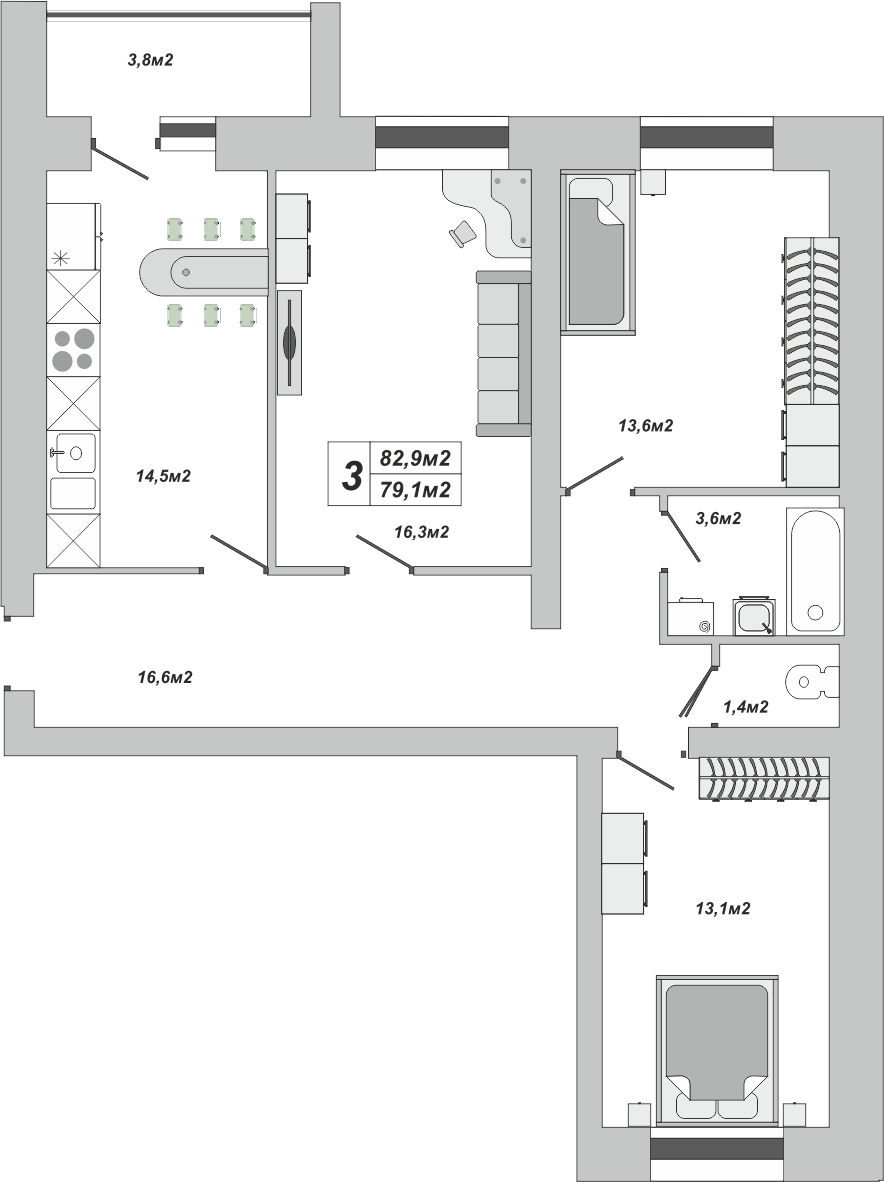 3-комнатная, 82.9 м2, ЖК «Империал» 3-комнатная, 82.9 м2, ЖК «Империал»