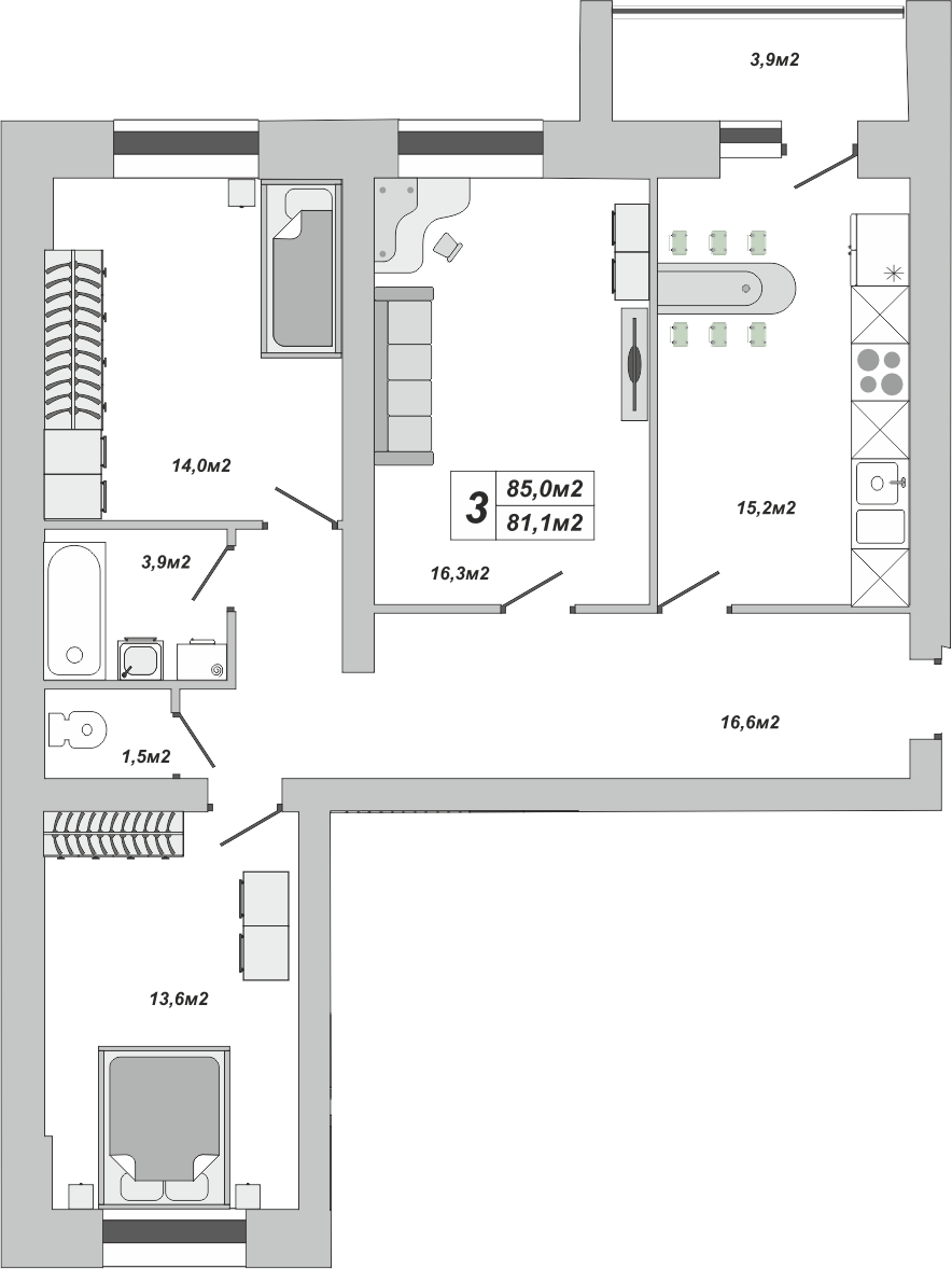 3-комнатная, 85 м2, ЖК «Империал» 3-комнатная, 85 м2, ЖК «Империал»