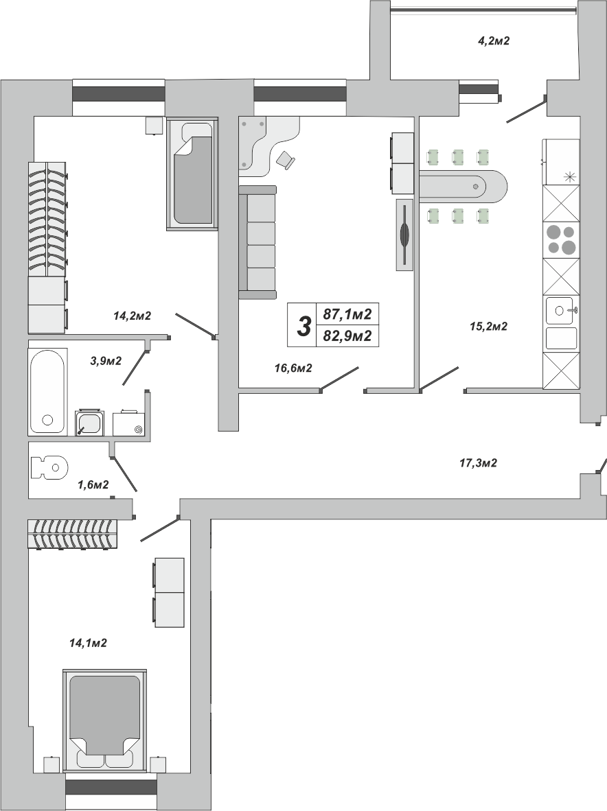 3-комнатная, 87.1 м2, ЖК «Империал» 3-комнатная, 87.1 м2, ЖК «Империал»